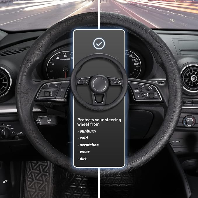 Black Car Steering Wheel Cover Small Size 14-14.25 inch (35.5-36 cm), for Prius Civic Model 3 Model Y Camaro, Breathable Microfiber Leather