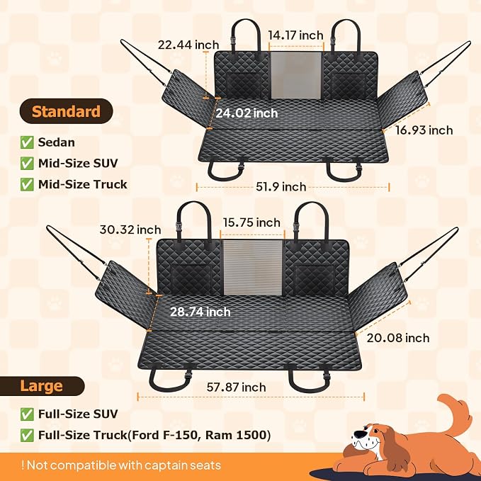 Hard Bottom Dog Car Seat Cover, Back Seat Extender for Dogs Holds 500lbs | Honeycomb board, Waterproof, non-slip dog hammock for car SUV back seat, fits most cars, Mesh window & 2 storage pockets