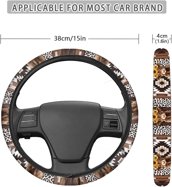Steering Wheel Cover Fit Most Car SUV Van Truck American Tribal Geometric Sunflower Cow Pattern Car Wheel Protector Wear-Resistant Auto Wheel Cover Automotive Accessories