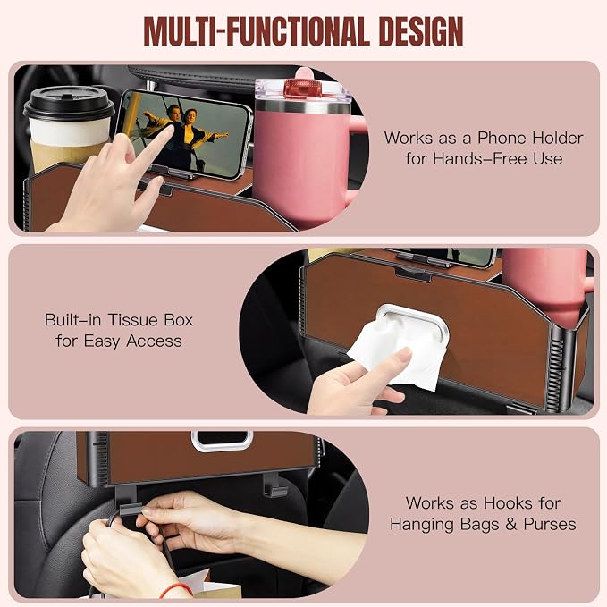 5-in-1 Back Seat Car Organizer and Storage with Extendable Cup Holder, Tissue Holder, Phone Holder, Hanging Hooks, Trash Bin, Back of Seat Car Headrest Organization Accessories for Women Man
