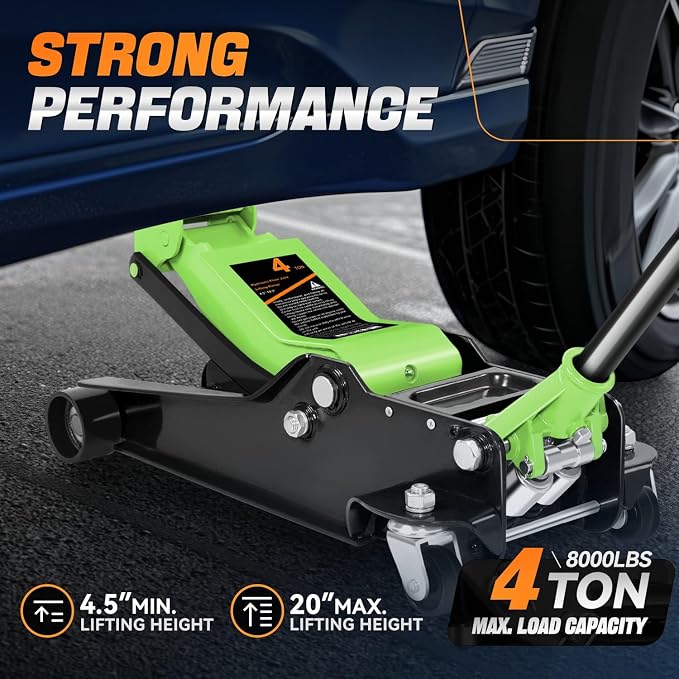 4 Ton Low Profile Floor Jack, Heavy Duty Steel Hydraulic Car Jack with Dual Pistons Quick Lift Pump, Hydraulic Racing Floor Jack, Lifting Range 4.5" to 20", Green