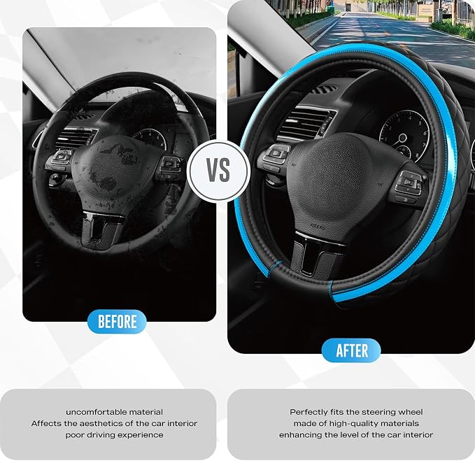 Leather Steering Wheel Cover – Black & Blue, Universal Fit 14.5-15 Inch, Microfiber Leather, Anti-Slip & Breathable Design for Men and Women