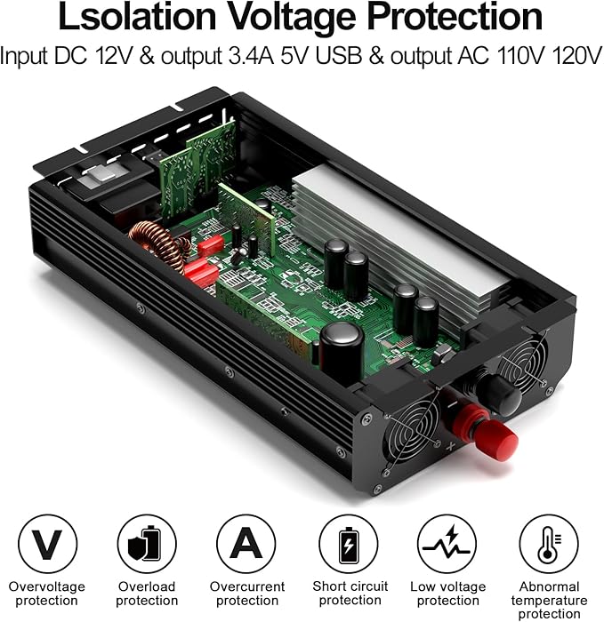 3000W Power Inverter 12V DC to 110V/120V AC, 6000W Peak Car Inverter with 2 AC Outlets, 2.4A USB Port & LCD Display, Portable Backup Power Converter for RV, Truck, Solar, Camping, Off-Grid & Emergency