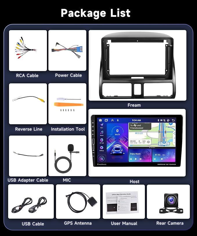 8Core 4G 64G Car Radio for Honda CRV 2002-2006 Stereo with 9inch 1280 * 720P Touchscreen/5.0 Bluetooth/WiFi/Wireless Carplay/Android Auto/Mirror Link/RDS FM/DSP 46EQ/59UIs/AHD Backup Camera MIC