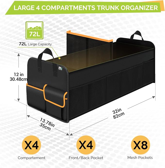 Trunk Organizer for SUV, Collapsible Trunk Organizer for Car, Non-Slip Bottom, Storage Organizer for Sedans, Van, Jeep, Grocery, Large 4 Compartments, Black Mixed Orange 32"×13"×12"