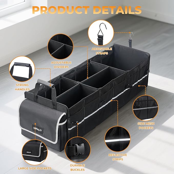 4 in 1 Car Trunk Storage Organizer with Leakproof Cooler Bag, Made of 1680D Oxford and PP board, Multi-Compartment Foldable Trunk Storage Box for Car Truck SUV