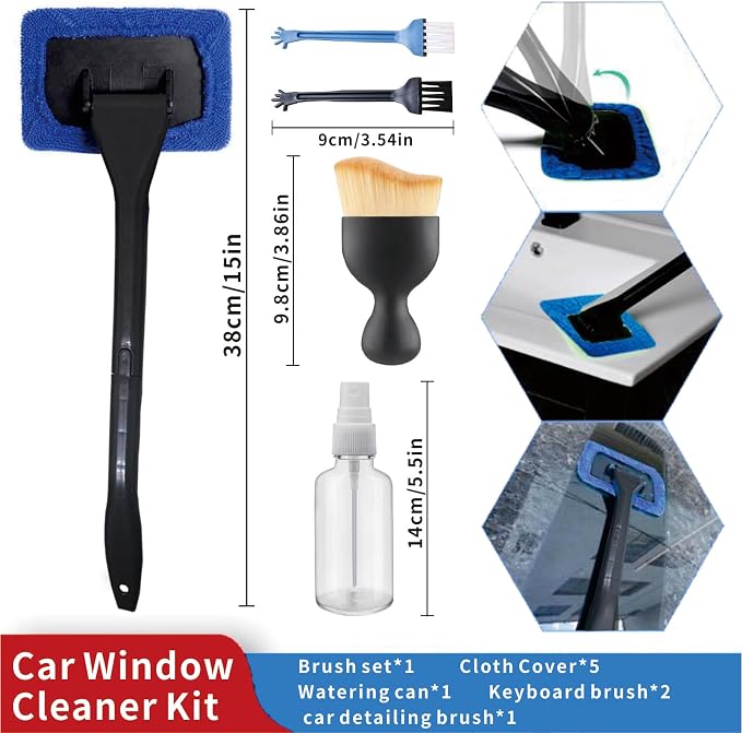 10pcs Car Windshield Cleaning Tool, Windshield Cleaner with 5 Washable and Reusable Microfiber Pads and Extendable Handle, for Auto Glass Wiper (Bule（10pcs）)
