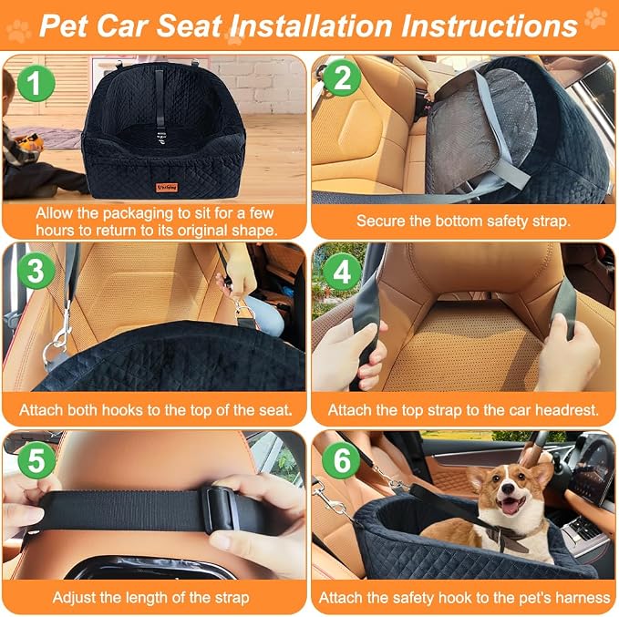 Dog Car Seat for Small & Medium Dogs, Detachable & Washable Booster Seat for Pets Up to 30lbs, Travel Bed with Storage Pockets and Safety Belt – Black