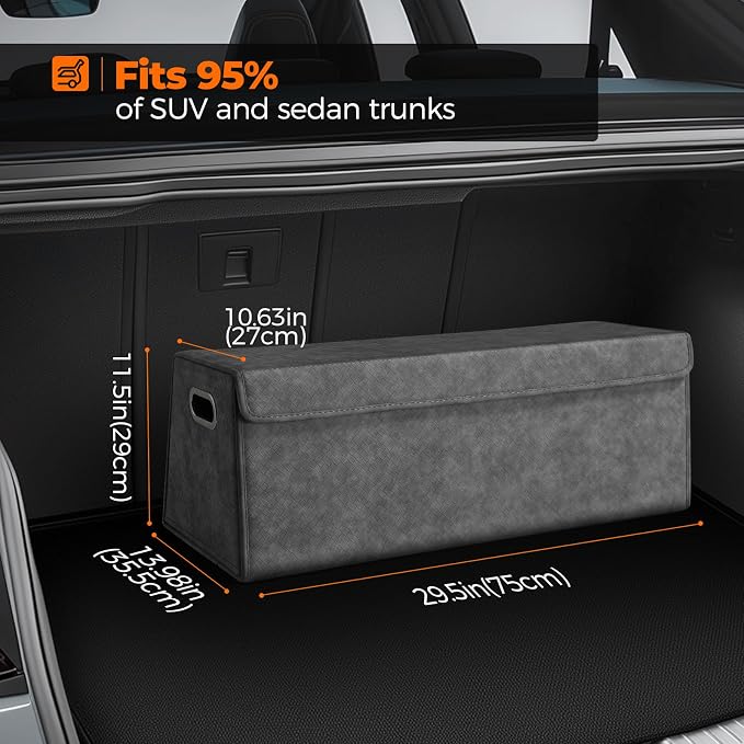 Car Trunk Organizer for SUV and Sedan, Trapezoidal-Grey, 29.5 in | Tailored for Rear Seats, Silky Crosshatch Vegan Leather, XL, Magnetic Lid, Collapsible & Adjustable, Water‑Dust Resist