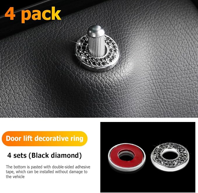 4 Pcs Bling Car Inner Door Lock Covers, Crystal Pull Rod Bolt Stickers, Sparkly Rhinestones Auto Door Bolt Decorations, Vehicle Lock Pin Cap Decors for C Class C200L GLC260 C260L (Black)
