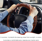 Sun Walker Leather Car Steering Wheel Cover, 15" Anti-Slip Crocodile Pattern Wheel Protector with Rose Grain, Comfortable Grip Steering Wheel Protector Universal for Cars SUVs Trucks (Brown)