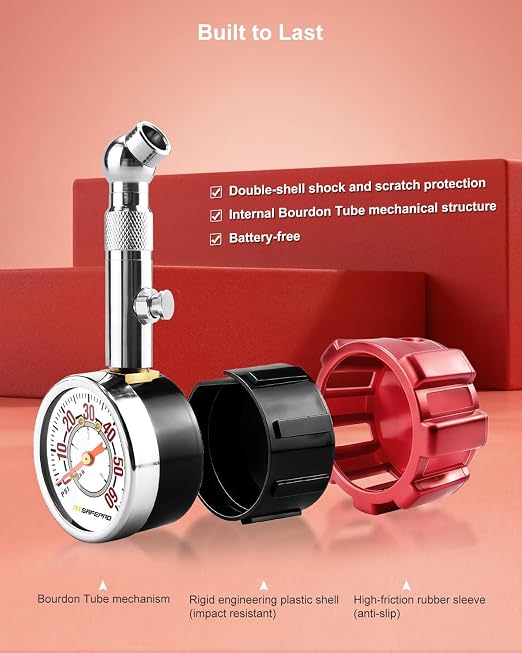 Tire Pressure Gauge, 5-60 PSI, ANSI B40.1 Certified, Extended 360° Swivel Head, Hold & Bleed Button, Dual Guard,Tire Gauges Fit for Cars and Motorcycles - Compact & Battery-Free