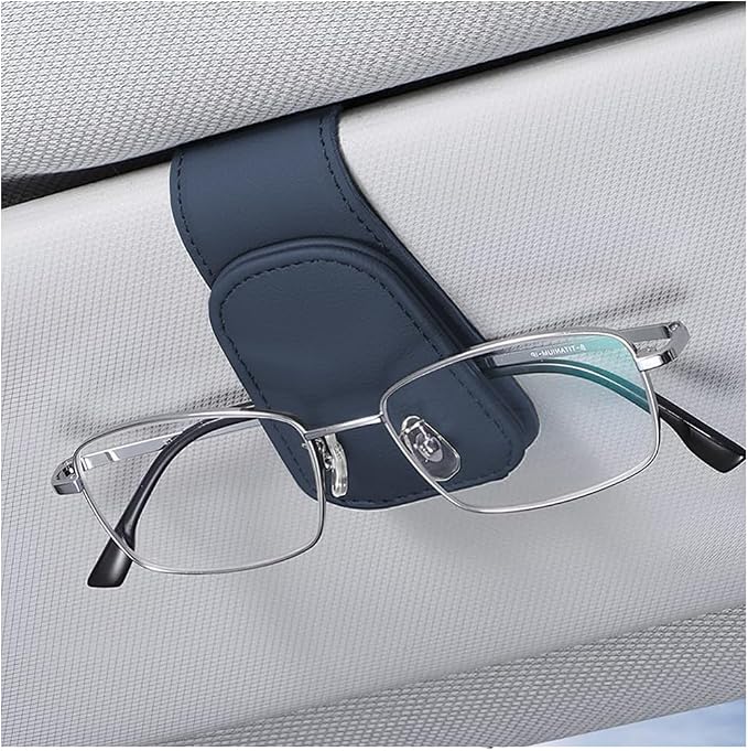 Sunglasses Holder for Car Sun Visor, Vehicle Magnetic Leather Eyeglass Hanger, Sun Glasses Mount Clip on Visors, Ticket Card Cash Organizer, Auto Interior Accessories (Blue, 1 PCS)