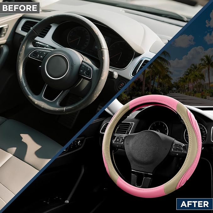 Car Steering Wheel Cover - Microfiber Leather Steering Wheel Wrap Sports 14.5-15 Inch Steering Wheel Cover Non-Slip for Men Women Pink & Beige Color