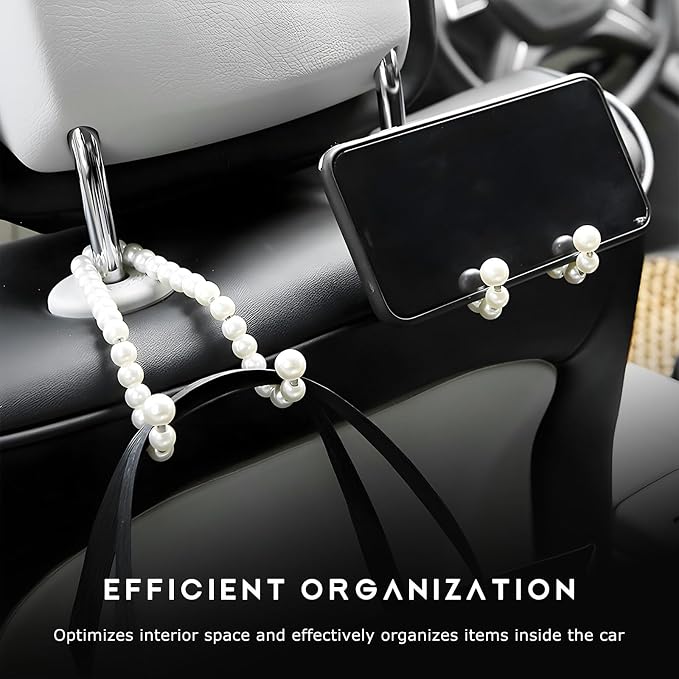 2 PCS Elegant Pearl Car Seat Headrest Hook, Cute Pearl Back Seat Hanger Auto Interior Decoration, Exquisite Vehicle Headrest Storage Organizer for Handbags Coats Keys