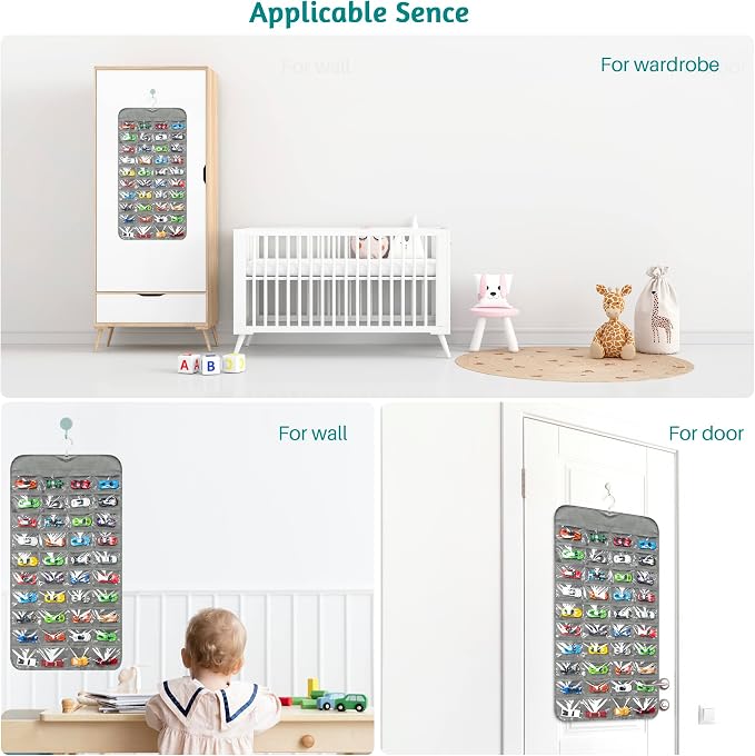 Hanging Organizers for Toy Car Double Sided 80 Pockets Display Case for Toy Cars (Without Toy Cars) (80 Slots Gray)