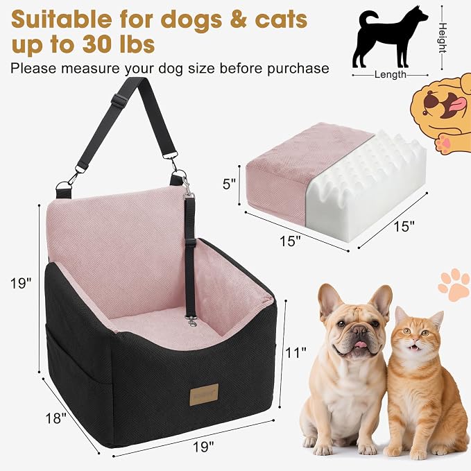 Dog Car Seats for Small Medium Dogs Under 35lbs, Dog Booster Seat with Detachable Washable Cover and Cushion, Memory Foam Pet Car Seat with Safety Belt and Storage Pockets (BP)