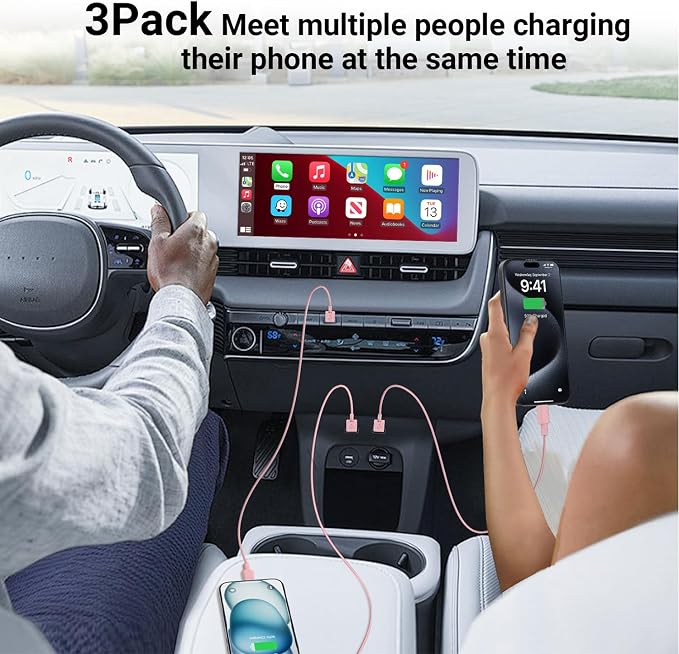 3 Pack Car Carplay Cable for iPhone 16 15 Pro Max 15 Plus Car Charger, 6FT USB to USB C Cable for Car Charger Adapter, Carplay USB C Cord Accessories Charging for iPad 10th Gen/iPad Pro Air 5th-Pink