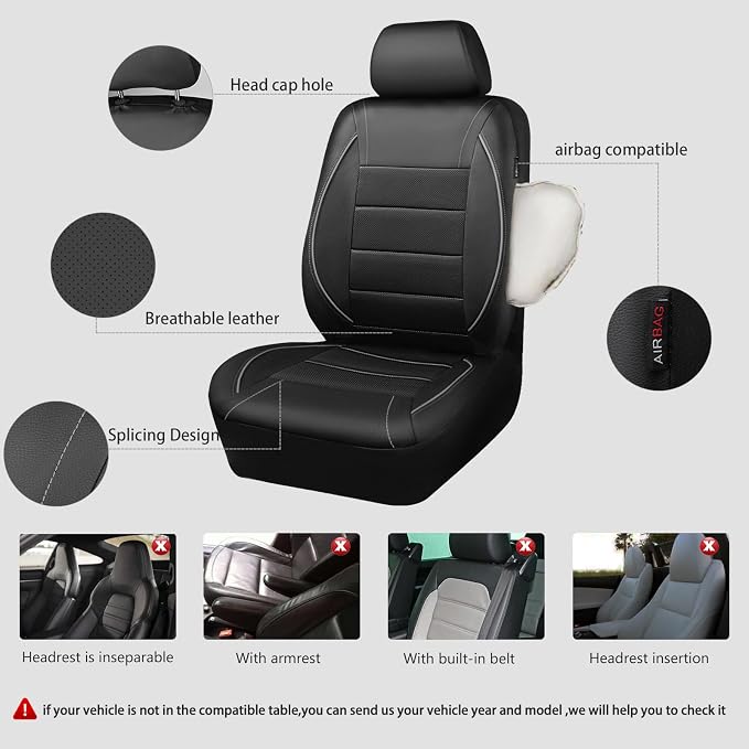 Universal Reflect Piping Leather Car Seat Cover, Fit for suvs,Van,Trucks,Airbag Compatible,Inside Zipper Design and Reserved Opening Holes (Full Set, Black and Grey)