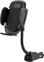 Universal 12V Car Phone Mount with USB Charger, Phone Holder with Cigarette Lighter Adapter for 12V Socket Plug-In, Flexible Gooseneck, Adjustable Cradle for iPhone & Android Cell Phones