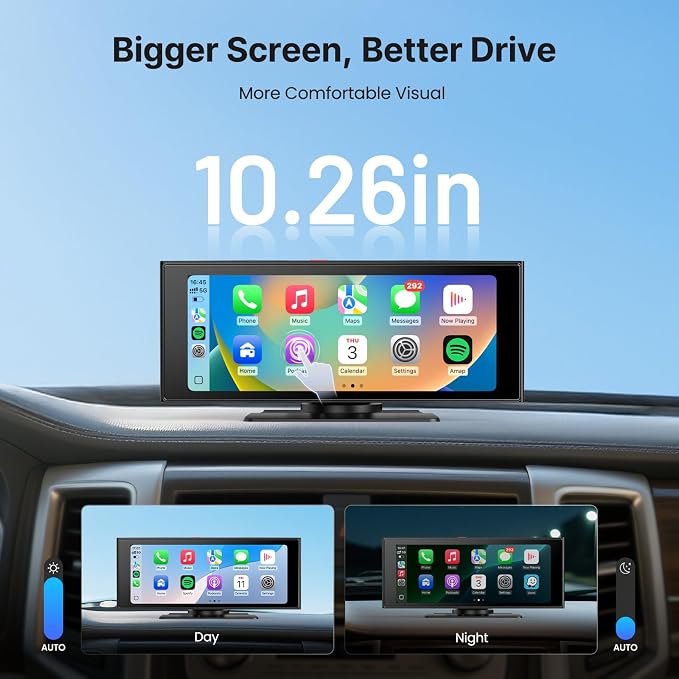 Wireless Car Play Screen, 10.26'' Monitor with Apple Carplay & Android Auto, 4K Portable Smart Touch Tablet Stereo Multimedia Dashboard, Bluetooth/FM/GPS/AUX