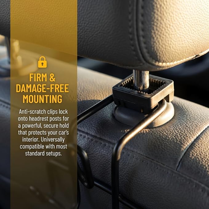 Heavy Duty Headrest Hook Organizer 5-Hook, Car Truck SUV, Steel | 5 Heavy-Duty Steel Hooks — Holds hard hats, tool bags, jackets, and gear