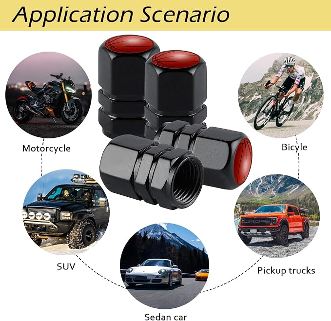 4Pack Basketball Tire Valve Caps Universal Tire Air Cap Valves Stem Covers | Aluminum Alloy Rust-Proof Valve Stem Caps, for Auto SUV Truck Motorcycle Bicycle, Basketball Gifts for Women Men Drivers