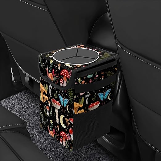 Car Trash Can with Lid Vintage Mushroom Ferns Floral Collapsible Reusable Leak-Proof Auto Garage Bag,Hanging Vehicle Car Accessories Interior Car Organizer