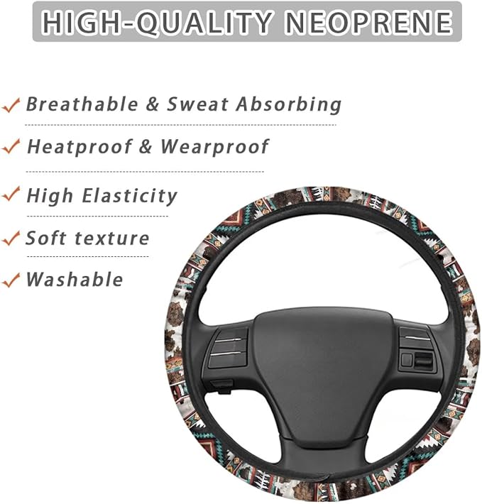 Car Steering Wheel Cover 15 Inch Universal Breathable Soft Anti-Slip Auto Accessories Steering Wheel Protector Fit for Most Vehicles, Aztec Geometric Cow Print