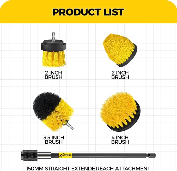 5Pack Drill Brush Attachment Set，Power Scrubber Brush Extended Long Attachment for Bathroom Surfaces, Grout, Floors, bathtubs, Showers, Tiles, Kitchens and Cars，Yellow