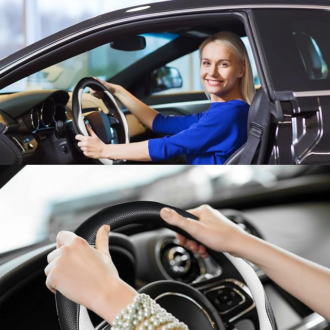 Steering Wheel Cover, Non-Slip Breathable Comfort PU Imitation Leather Cute Car Accessories for Women Girl, Universal Protector in All Season 15 inch Fit Most Car(White)
