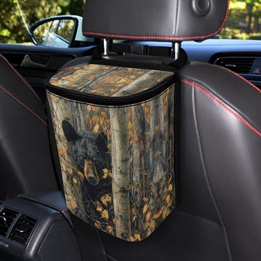 Bear Hunting Camo Print Car Trash Can with Lid, Leak Proof Auto Trash Bag Hanging Vehicle Garbage Can Multipurpose Storage Container for Back Seat Road Trip