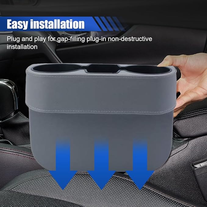 Car Cup Holder, PU Leather Cover Auto Front Seat Organizer, Grey | Multifunctional Cup Drink Holder, Gap Filler Coin Bucket Storage Box, Console Side Pocket, Cell Mobile Phone Holder