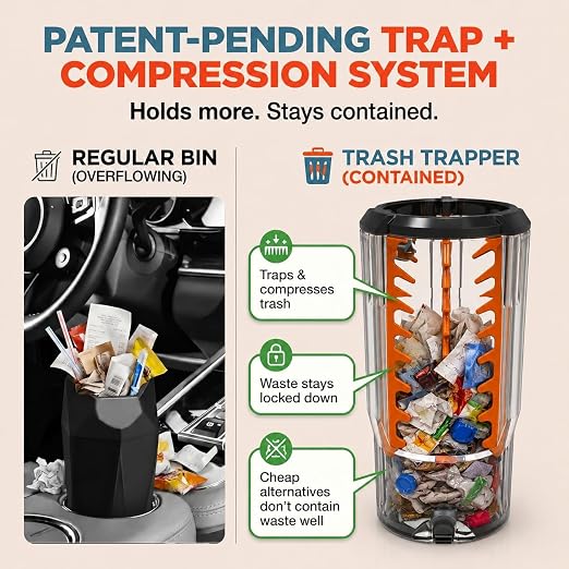 Car Trash Can Cup Holder | Micro Car Trash Can | Fits Flush in Most Cupholders | 3.5" x 3.5" | Traps More & Empties Less, Patent-Pending Compaction, Holds Small Garbage, Black/Black
