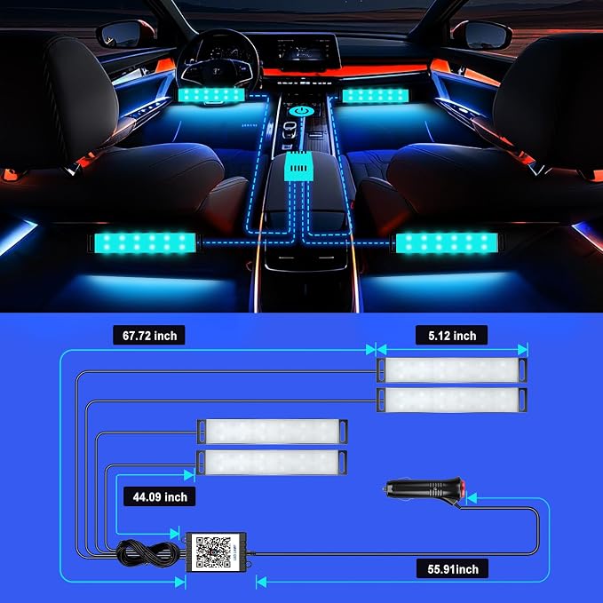 Car LED Lights Interior, Ambient Lighting Car with Smart APP Control, Multicolor Interior LED Lights with Music Mode for Truck Jeep SUV, DC 12V