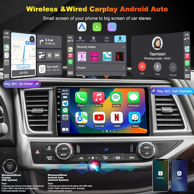 4Core 64GB 5GWiFi Upgrade Car Radio Stereo for Toyota Highlander 2014-2019, 10.1Inch Wireless CarPlay Touch Screen Android Auto Head Unit Radio with Bluetooth Backup Camera GPS Navigation DSP SWC FM