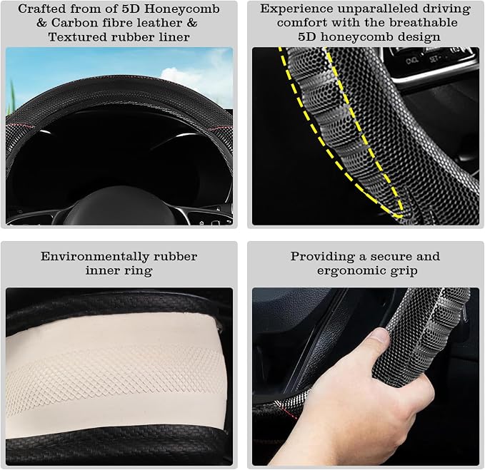 5D Honeycomb Black Car Steering Wheel Cover,14.5-15 Inch Universal Carbon Fibre Leather Covers Breathable Anti-Slip Odorless Steering Wheels Accessories for Men Women