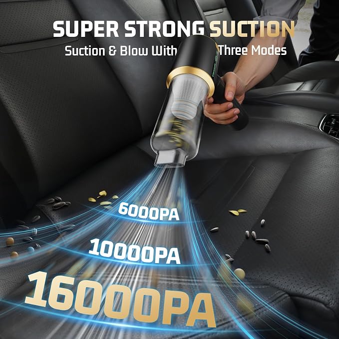 Cordless Car Vacuum Cleaner: Handheld Vacuum with 16000Pa Strong Suction, 𝐁𝐫𝐮𝐬𝐡𝐥𝐞𝐬𝐬 𝐌𝐨𝐭𝐨𝐫 & HEPA Filter, 7-in-1 Cleaning Kit, Type-C Charging for Home Office Car - Black