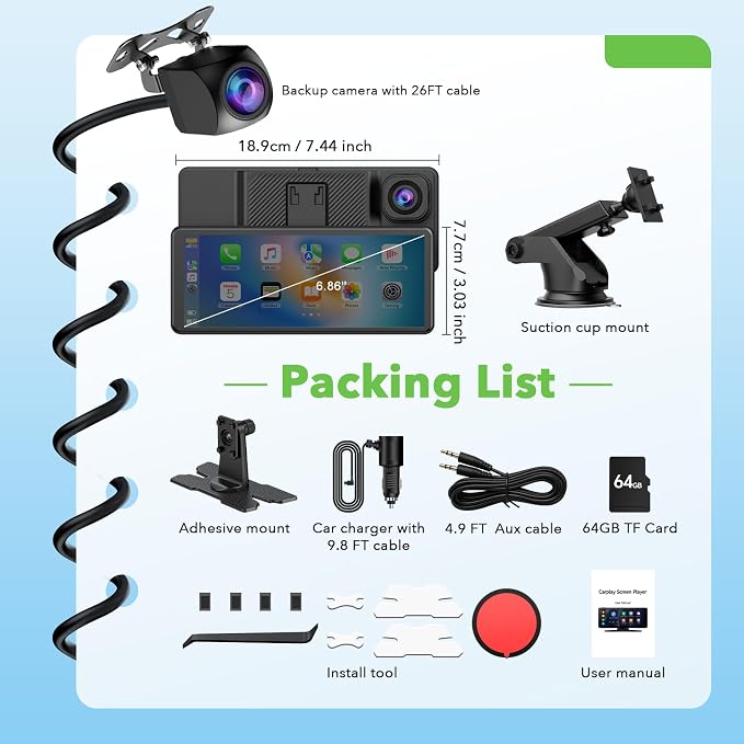 6.86" CarPlay Screen with Dual Dash Cam 2.5K Front 1080P Rear | Apple CarPlay & Android Auto, Mirror Link, Voice Control, GPS Navigation — Access maps, music and calls for daily drives.