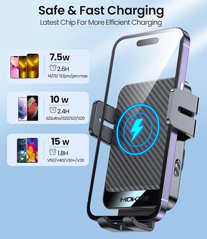 Wireless Car Charger, 15W Fast Charging Auto-Clamping Car Mount Universal Hands-Free Car Charger Mount for Dash Windshield Air Vent Compatible with iPhone 15/14/13/12, Samsung S23/S22/S21 Black
