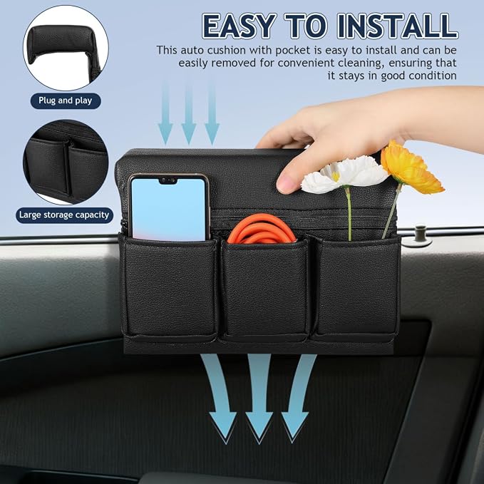 Car Window Armrest Storage Box – Leather Door Armrest Pad with Pocket, 8.5In Wide, Keeps Phone & Keys Organized, Easy Install & Clean, for Sedans, SUVs, Trucks