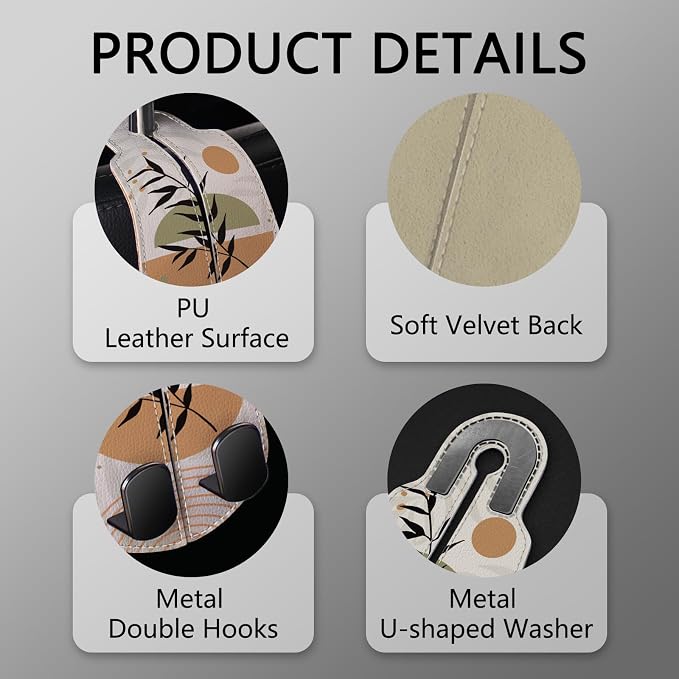 2PCS Car Seat Back Storage Headrest Hooks, Abstract Boho Leaves Purse Holder Bags Hanger, PU Leather Double Metal Hook Backseat Organizer, Women Car Accessories Organization