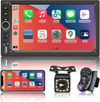 7'' Double Din Car Stereo Build-in Apple Carplay,Bluetooth 5.1 Hand-Free Calling,Touchscreen Car Radio FM,GPS Navigation,Night Vison Backup Camera,USB/TF/Subwoorf/240 watts