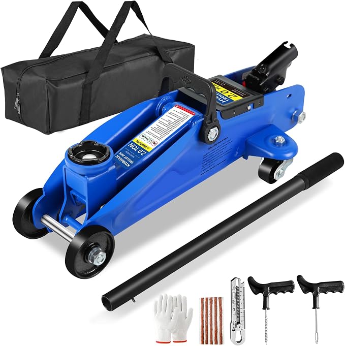 2 Ton Low Profile Floor Jack, 4000 lbs, with Tire Kit, Gloves & Bag – Blue | Steel jack, 4000 lbs, 5.3"-13" lift. Overload valve. Sealed cylinder. Tire kit and bag. For DIYers & mechanics, cars & SUVs.