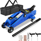 2 Ton Low Profile Floor Jack, 4000 lbs, with Tire Kit, Gloves & Bag – Blue | Steel jack, 4000 lbs, 5.3"-13" lift. Overload valve. Sealed cylinder. Tire kit and bag. For DIYers & mechanics, cars & SUVs.