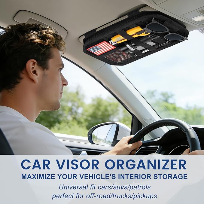 Car Sun Visor Organizer, Multi-Pocket Tactical Visor Storage with Zipper and Sunglasses Holder Clip, Semi-Rigid Molle Panel Car Visor Accessories for Truck, SUV, Patrols, Pickups
