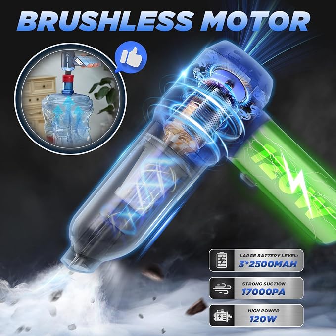Portable Car Vacuum Cleaner Cordless High Power 17000PA 3 in 1 Foldable Handheld Vacuum Cordless with Brushless Motor for Inflation,Dust Blowing,Home Car Cleaning HL132 Blue