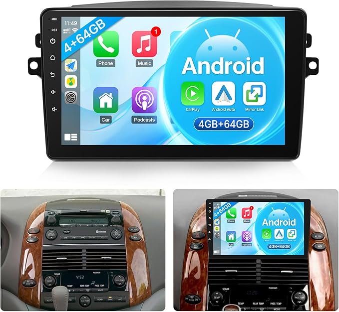 8 Core 4+64G Radio for Toyota Sienna 2004-2010 Stereo (FIT JBL. and Big Screen) Wireless Carplay Android Auto, 9” Touch Screen for Sienna Bluetooth/GPS/MirrorLink/FM/SWC/Backup Camera