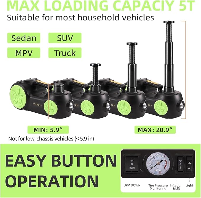 Upgraded Electric Hydraulic Car Jack Kit 5 Ton 12V Portable Lift Range 20.9 Inch with Impact Wrench and Tire Inflator Pump for SUV Sedan Truck Repair Floor Jack for Tire Change with LED Light