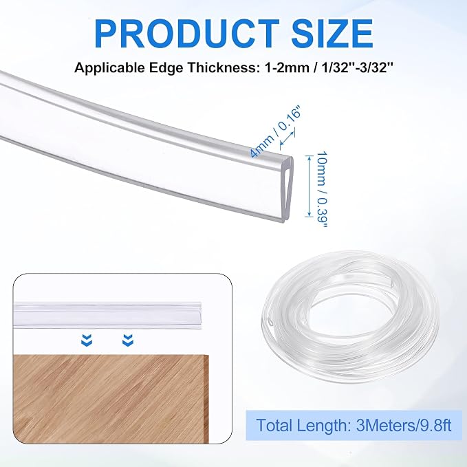 Clear Edge Trim, 9.8Ft Silicone U Channel Edge Protector, Edges Guards Fits 1/32"-3/32" for Car Doors Sheet Metal Parts (3/16" W x 3/8" H)